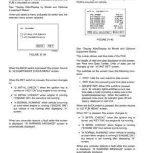 May include: A technical diagram from a vehicle's MOM Screen Displays, featuring menu options and real-time monitor data. The screen displays text and diagrams related to vehicle diagnostics and system checks.