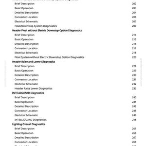 May include: A page from a manual with a table of contents. The text includes headings like "Header Float and Electric Downstop Options Diagnostics" and "INTELLIGUARD Diagnostics", along with page numbers.