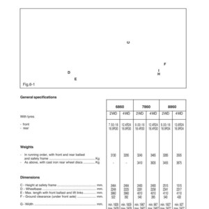 May include: A technical document with the title "Tractor identification and technical specifications." The document includes tables with specifications for different tractor models, including dimensions, weights, and tire sizes. The document is in black and white.