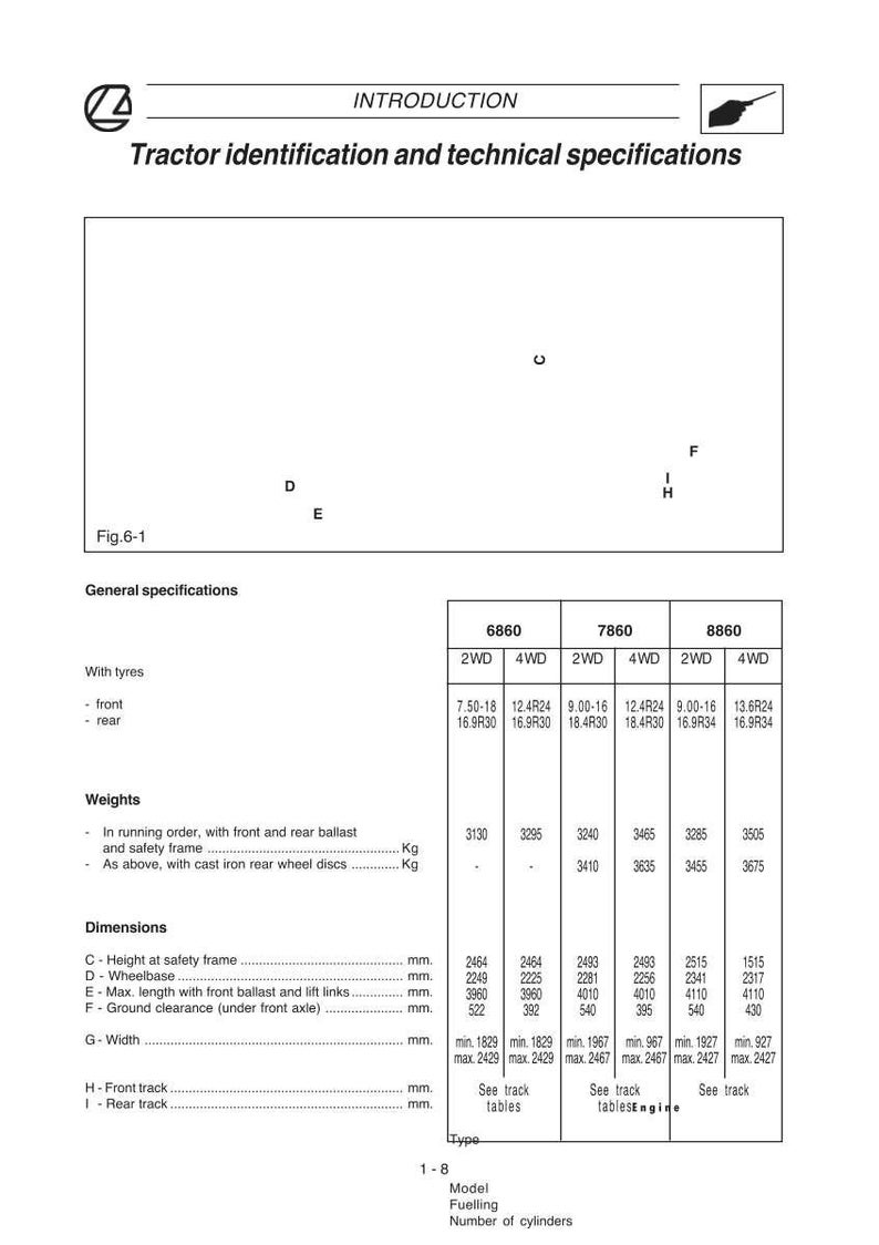 May include: A technical document with the title "Tractor identification and technical specifications." The document includes tables with specifications for different tractor models, including dimensions, weights, and tire sizes. The document is in black and white.