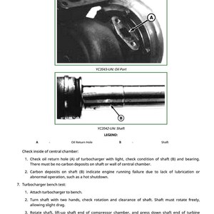May include: Diagram of a turbocharger with labels for the oil return hole and shaft. The image includes text describing inspection and testing procedures for the turbocharger.