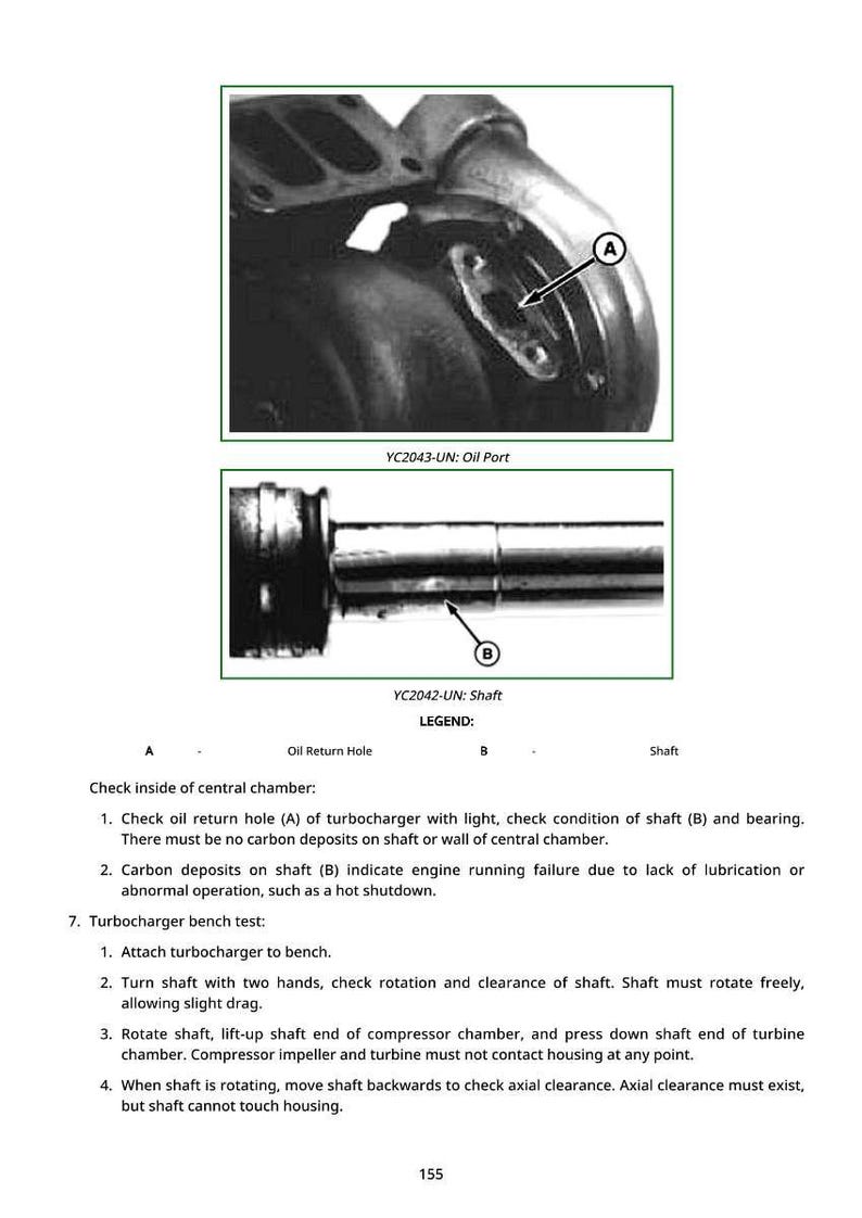 May include: Diagram of a turbocharger with labels for the oil return hole and shaft. The image includes text describing inspection and testing procedures for the turbocharger.