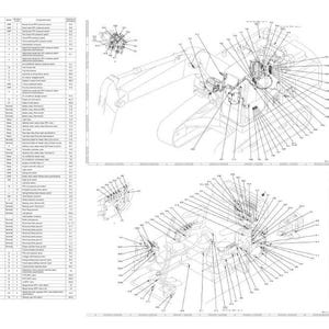 Peut inclure: Un sch&eacute;ma technique d&eacute;taill&eacute; pr&eacute;sentant plusieurs vues des composants d'une machine. Le sch&eacute;ma comprend une liste de pi&egrave;ces et plusieurs vues &eacute;clat&eacute;es, avec des lignes pointant vers des pi&egrave;ces sp&eacute;cifiques. L'image est en noir et blanc.