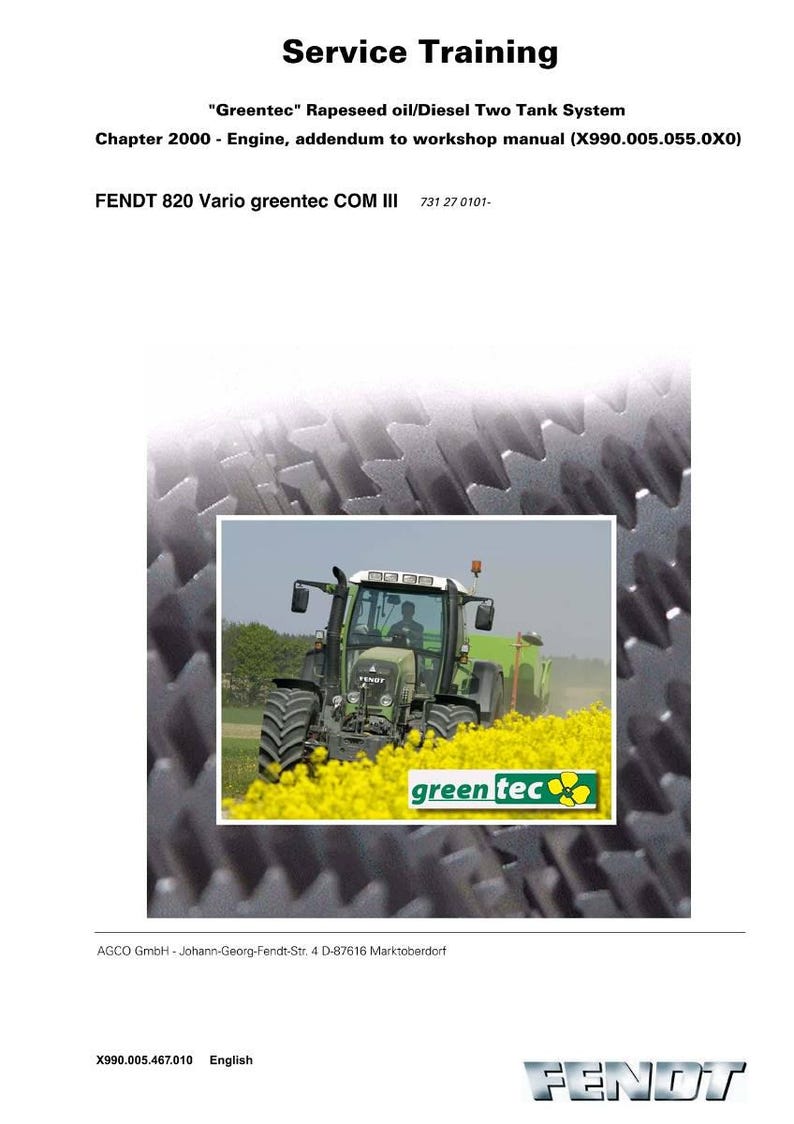 May include: A service training document with the title "Service Training" and the text "Greentec Rapeseed oil/Diesel Two Tank System". The image includes a green tractor in a field of yellow flowers and the FENDT logo.