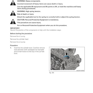 May include: Page from a maintenance manual detailing the procedure for connecting rods and pistons. Includes warnings about heavy components and high spring tension. A diagram shows a cylinder bore with an arrow.