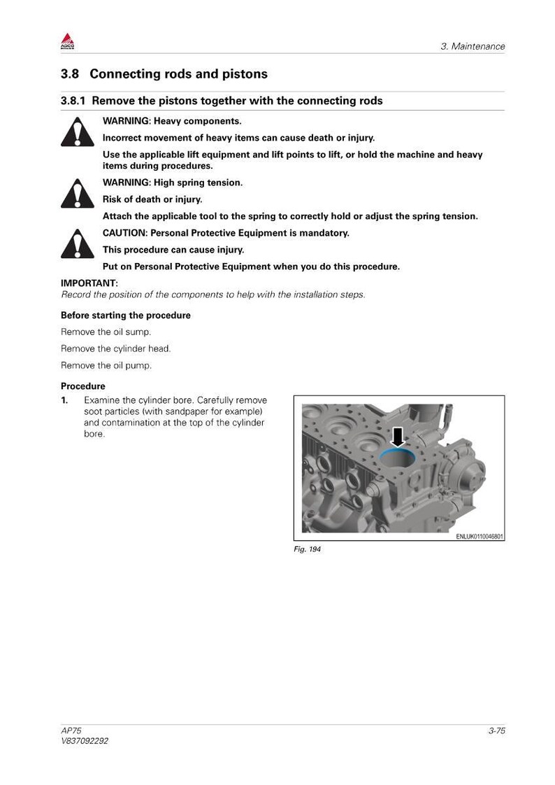 May include: Page from a maintenance manual detailing the procedure for connecting rods and pistons. Includes warnings about heavy components and high spring tension. A diagram shows a cylinder bore with an arrow.