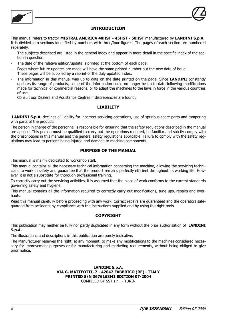 May include: A printed manual for MISTRAL AMERICA 40HST-45HST-50HST tractors, manufactured by LANDINI S.p.A. The manual includes safety regulations, technical information, and copyright details. Edition 07-2004.