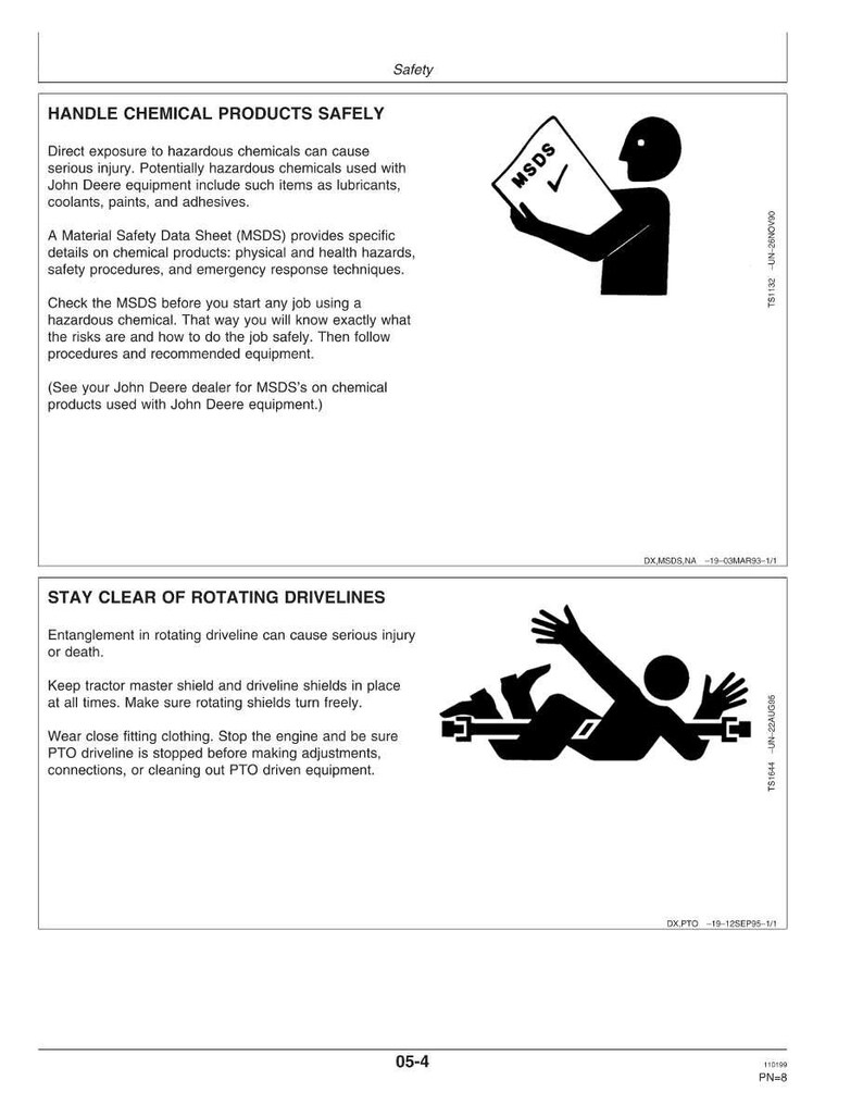 Pu&ograve; includere: Scheda informativa sulla sicurezza con i titoli "Maneggiare i prodotti chimici in modo sicuro" e "Stare lontani dagli alberi di trasmissione rotanti". Include illustrazioni di una persona che legge un documento e una persona impigliata in macchinari.