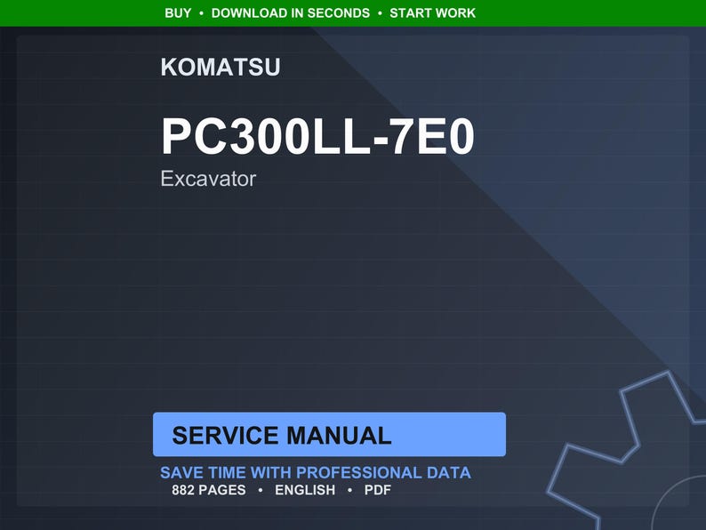 Pode incluir: Manual de servi&ccedil;o digital para uma escavadeira Komatsu PC300LL-7E0. A capa &eacute; azul escuro com texto branco, incluindo o logotipo Komatsu e o n&uacute;mero do modelo. O manual tem 882 p&aacute;ginas e est&aacute; em ingl&ecirc;s.