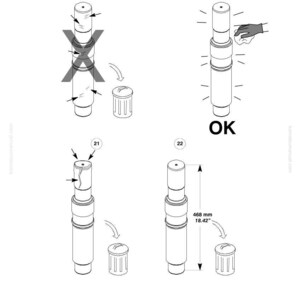May include: Technical diagram showing the assembly of a cylindrical component. The diagram includes illustrations of correct and incorrect assembly, with measurements of 18.42 inches (468 mm). The word "OK" is displayed.