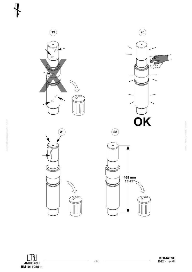 May include: Technical diagram showing the assembly of a cylindrical component. The diagram includes illustrations of correct and incorrect assembly, with measurements of 18.42 inches (468 mm). The word "OK" is displayed.