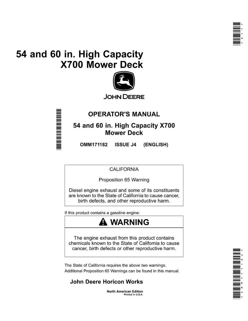 May include: A white operator's manual for a John Deere X700 Mower Deck. The manual includes warnings about diesel engine exhaust and gasoline engine exhaust. The text reads "54 and 60 in. High Capacity X700 Mower Deck".