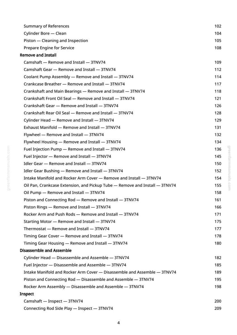 Pu&ograve; includere: Una pagina di manuale con un sommario per la riparazione del motore. Il testo include sezioni per la rimozione, l'installazione e lo smontaggio di componenti del motore, come l'albero a camme e l'albero motore.