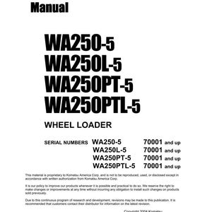 May include: A white shop manual with black text. The title reads "Shop Manual" above the model numbers WA250-5, WA250L-5, WA250PT-5, and WA250PTL-5. The text "WHEEL LOADER" is also visible.