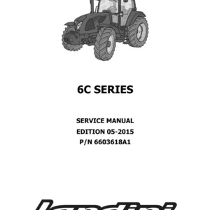 K&ouml;nnte beinhalten: Schwarz-Wei&szlig;-Illustration eines Traktors mit dem Text "6C SERIES" und "SERVICE MANUAL EDITION 05-2015 P/N 6603618A1". Das Landini-Logo befindet sich unten.