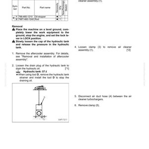 Pode incluir: Diagrama t&eacute;cnico de remo&ccedil;&atilde;o e instala&ccedil;&atilde;o de um conjunto de resfriador de &oacute;leo de equipamento de trabalho. Inclui uma lista de pe&ccedil;as com um tamp&atilde;o de &oacute;leo e uma haste, e etapas numeradas para desmontagem.