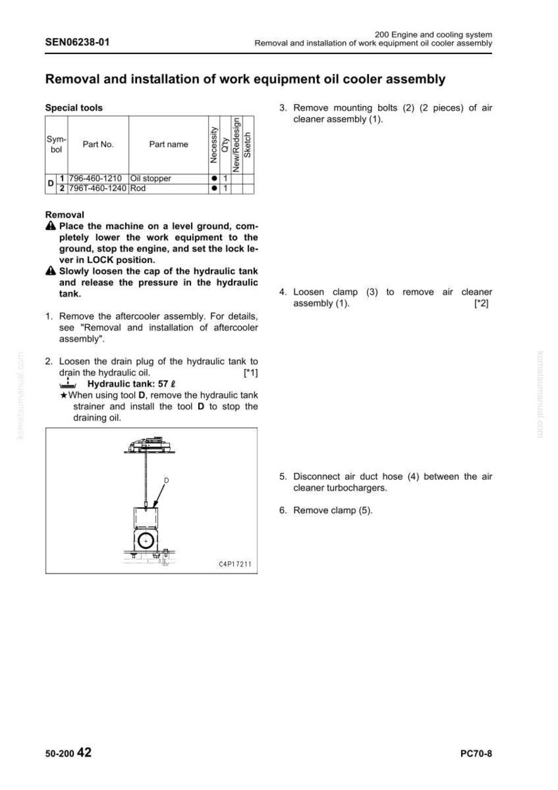 Pode incluir: Diagrama t&eacute;cnico de remo&ccedil;&atilde;o e instala&ccedil;&atilde;o de um conjunto de resfriador de &oacute;leo de equipamento de trabalho. Inclui uma lista de pe&ccedil;as com um tamp&atilde;o de &oacute;leo e uma haste, e etapas numeradas para desmontagem.
