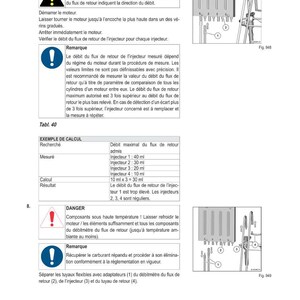 Puede incluir: Un diagrama t&eacute;cnico con texto en franc&eacute;s que detalla un m&eacute;todo de intervenci&oacute;n. La imagen incluye diagramas de componentes del motor, tablas de medici&oacute;n y advertencias de seguridad. El texto describe los procedimientos para verificar el flujo del inyector de combustible.