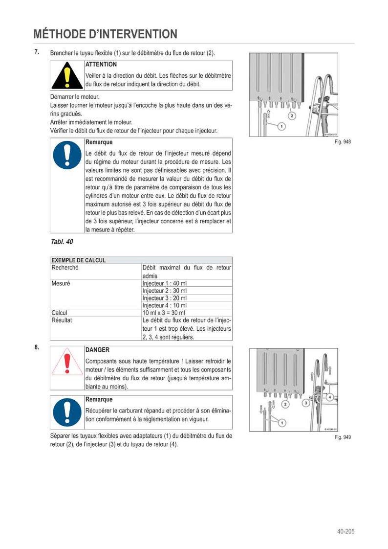 Puede incluir: Un diagrama t&eacute;cnico con texto en franc&eacute;s que detalla un m&eacute;todo de intervenci&oacute;n. La imagen incluye diagramas de componentes del motor, tablas de medici&oacute;n y advertencias de seguridad. El texto describe los procedimientos para verificar el flujo del inyector de combustible.