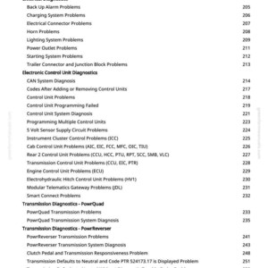 May include: A page from a manual with a list of automotive diagnostic problems, including electrical, electronic control unit, and transmission issues. The text is in black font on a white background.