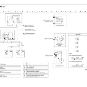May include: A detailed schematic diagram of an air conditioning circuit, featuring various electrical components and wiring connections. The diagram includes labels and symbols for clarity, with a color code chart for wires.