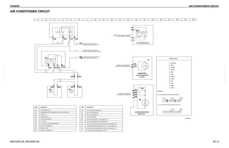 May include: A detailed schematic diagram of an air conditioning circuit, featuring various electrical components and wiring connections. The diagram includes labels and symbols for clarity, with a color code chart for wires.