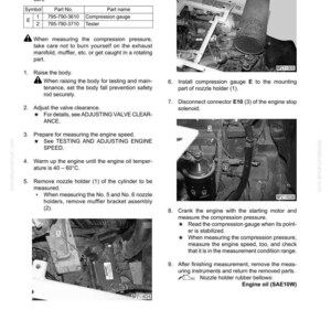 May include: A manual page detailing "Measuring Compression Pressure" with diagrams and instructions. Includes a table listing a compression gauge and tester. The text details steps for engine maintenance and measurement.