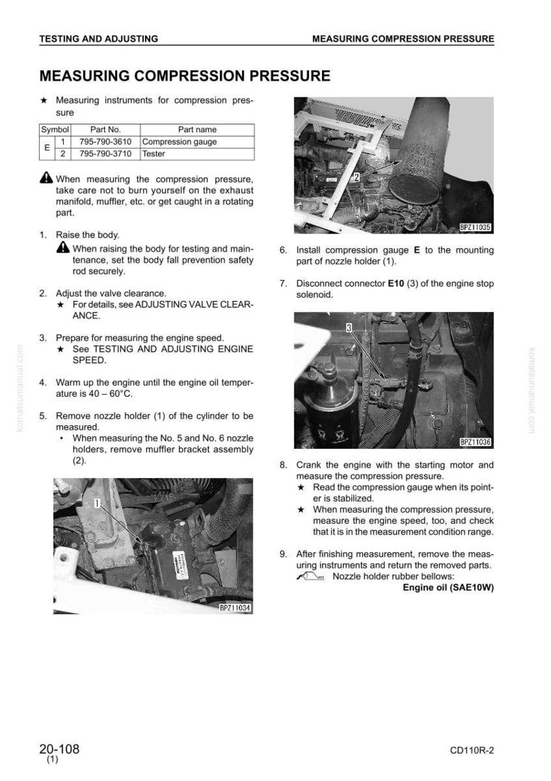May include: A manual page detailing "Measuring Compression Pressure" with diagrams and instructions. Includes a table listing a compression gauge and tester. The text details steps for engine maintenance and measurement.
