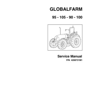 May include: A service manual for a Globalfarm tractor, model numbers 95-105-90-100. The image shows a line drawing of the tractor. The manual's part number is 4208731M1.