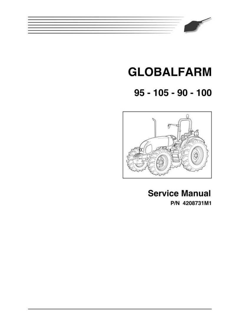 May include: A service manual for a Globalfarm tractor, model numbers 95-105-90-100. The image shows a line drawing of the tractor. The manual's part number is 4208731M1.