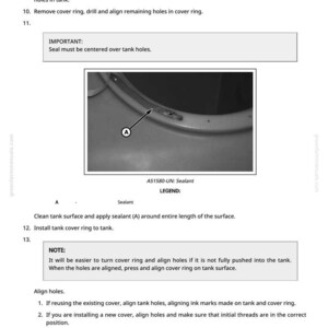May include: Diagram of a tank component installation guide. The image shows a close-up of a tank with a cover ring and sealant application instructions. Text includes steps for aligning holes and applying sealant.