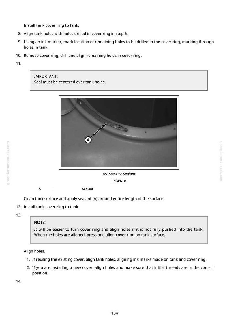 May include: Diagram of a tank component installation guide. The image shows a close-up of a tank with a cover ring and sealant application instructions. Text includes steps for aligning holes and applying sealant.
