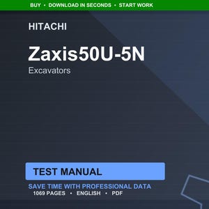 Op de afbeelding: Een donkerblauwe digitale documentomslag met het Hitachi-logo en "Zaxis50U-5N Excavators" in witte tekst. Het document is getiteld "Test Manual" en bevat de tekst "Save time with professional data, 1069 pages, English, PDF."