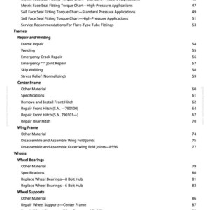 May include: A white page with a table of contents from a manual. The text includes titles such as "Metric Bolt and Screw Torque Values", "Frames", "Wheels", and "Ground Tools, Openers, and Press Wheels". Page numbers are listed on the right.