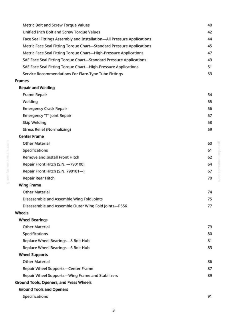 May include: A white page with a table of contents from a manual. The text includes titles such as "Metric Bolt and Screw Torque Values", "Frames", "Wheels", and "Ground Tools, Openers, and Press Wheels". Page numbers are listed on the right.