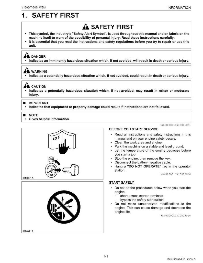 May include: A safety manual page with the title "SAFETY FIRST" and safety symbols. The page includes warnings about potential hazards, instructions for safe operation, and a "DO NOT OPERATE" tag. The manual is for a Kubota machine.