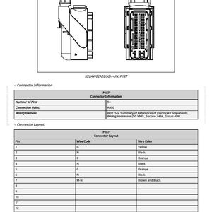 May include: Diagram of an electrical connector, labeled P187, with a detailed connector layout and wire color information. The image includes a table with pin numbers, wire codes, and wire colors such as yellow, black, and orange.