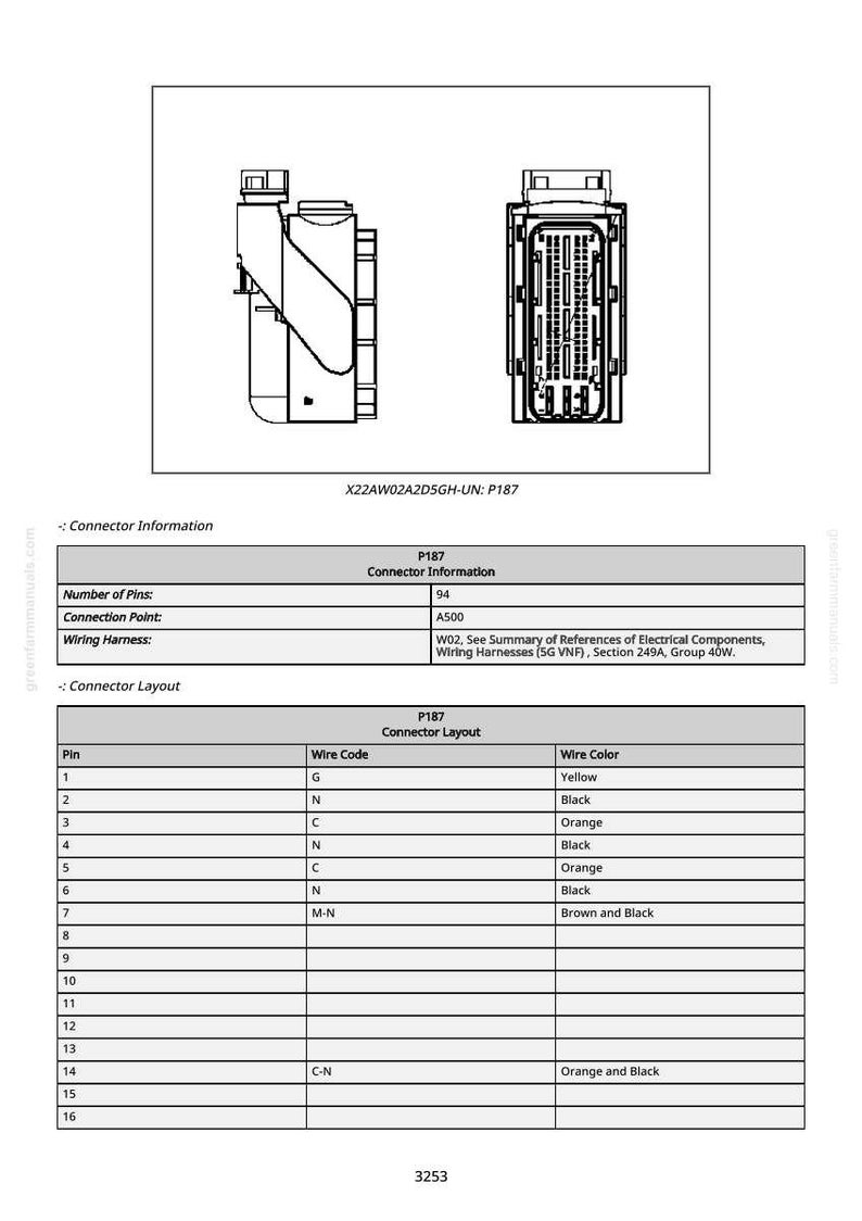 May include: Diagram of an electrical connector, labeled P187, with a detailed connector layout and wire color information. The image includes a table with pin numbers, wire codes, and wire colors such as yellow, black, and orange.