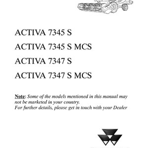Puede incluir: Portada de manual de taller con un dibujo lineal de una cosechadora. El texto incluye los n&uacute;meros de modelo "ACTIVA" y los logotipos de Massey Ferguson y AGCO. El manual es para maquinaria agr&iacute;cola.