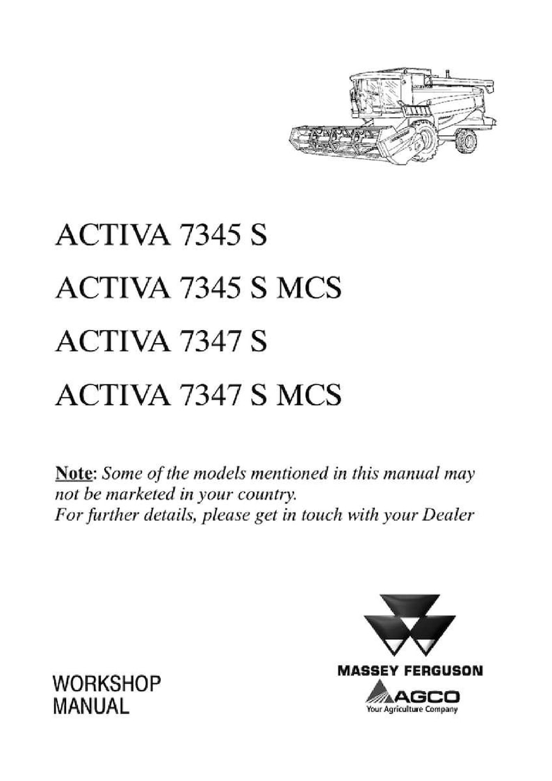 Puede incluir: Portada de manual de taller con un dibujo lineal de una cosechadora. El texto incluye los n&uacute;meros de modelo "ACTIVA" y los logotipos de Massey Ferguson y AGCO. El manual es para maquinaria agr&iacute;cola.