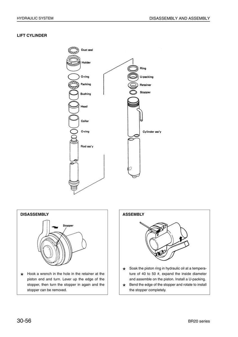 May include: Diagram of a hydraulic lift cylinder, showing disassembly and assembly instructions. The image includes labeled parts like dust seal, holder, O-ring, and stopper. Text instructions detail the steps for both processes.