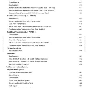 May include: A detailed page from a manual, listing various mechanical components and procedures. Includes sections on drive wheels, seed drive transmission, and fertilizer systems. Measurements are in inches and feet.