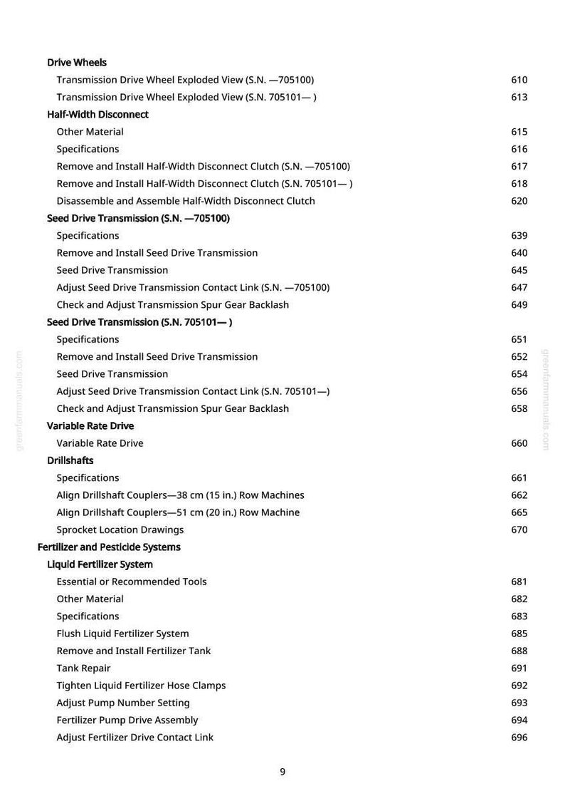 May include: A detailed page from a manual, listing various mechanical components and procedures. Includes sections on drive wheels, seed drive transmission, and fertilizer systems. Measurements are in inches and feet.