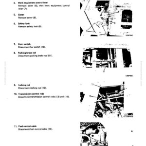 May include: A page from a manual titled "Disassembly and Assembly" with diagrams and instructions for the operator's seat and frame. Includes numbered steps for removing parts like the work equipment control lever and parking brake rod.