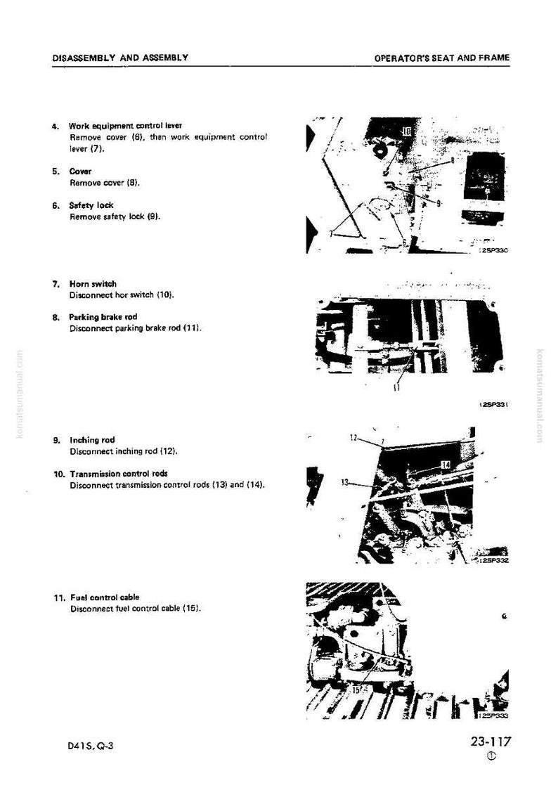 May include: A page from a manual titled "Disassembly and Assembly" with diagrams and instructions for the operator's seat and frame. Includes numbered steps for removing parts like the work equipment control lever and parking brake rod.