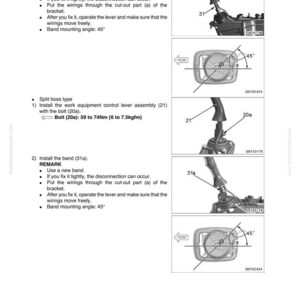 May include: Diagram of work equipment control lever assembly installation. Includes instructions for fixing bands, installing the assembly with bolts, and checking wiring movement. Features diagrams with angles and part numbers.