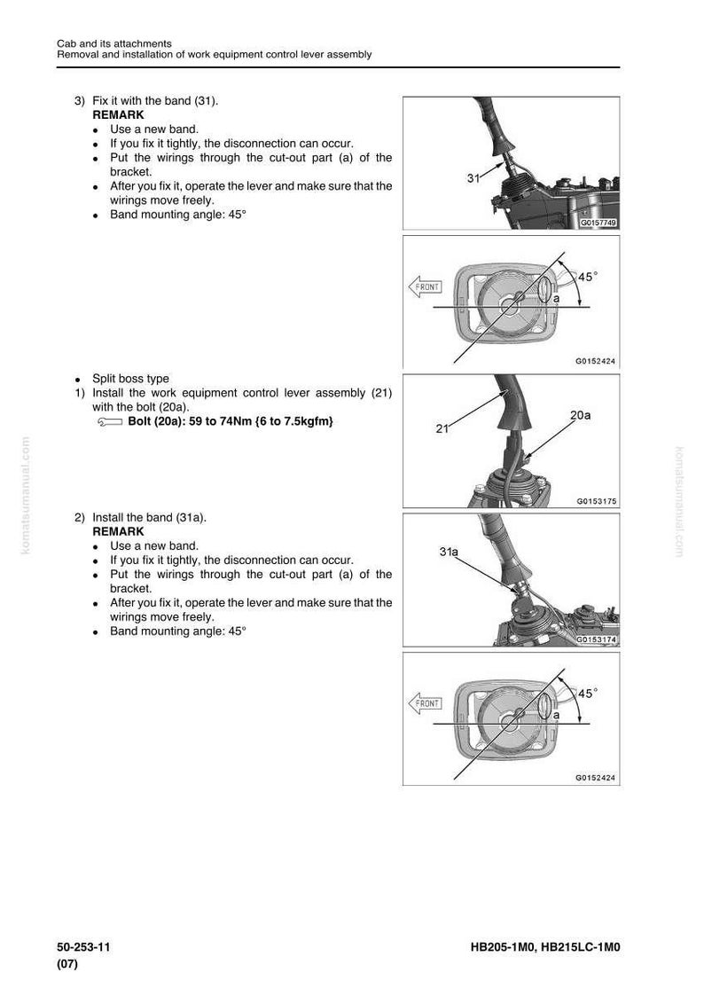 May include: Diagram of work equipment control lever assembly installation. Includes instructions for fixing bands, installing the assembly with bolts, and checking wiring movement. Features diagrams with angles and part numbers.
