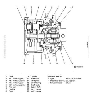 May include: Detailed technical diagram of a motor with a reduction gear, labeled with part numbers and specifications. Includes components like planetary gears, cylinders, and valve plates. The diagram is labeled with the text "PC10-5, PC15-2".