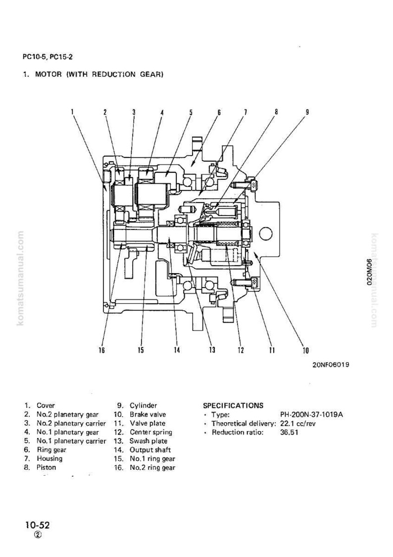May include: Detailed technical diagram of a motor with a reduction gear, labeled with part numbers and specifications. Includes components like planetary gears, cylinders, and valve plates. The diagram is labeled with the text "PC10-5, PC15-2".