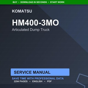 Puede incluir: Un manual de servicio digital para un cami&oacute;n volquete articulado Komatsu HM400-3MO. La portada es azul oscuro con texto blanco, incluido el t&iacute;tulo y las palabras "Manual de servicio". El manual contiene 2294 p&aacute;ginas y est&aacute; en ingl&eacute;s.